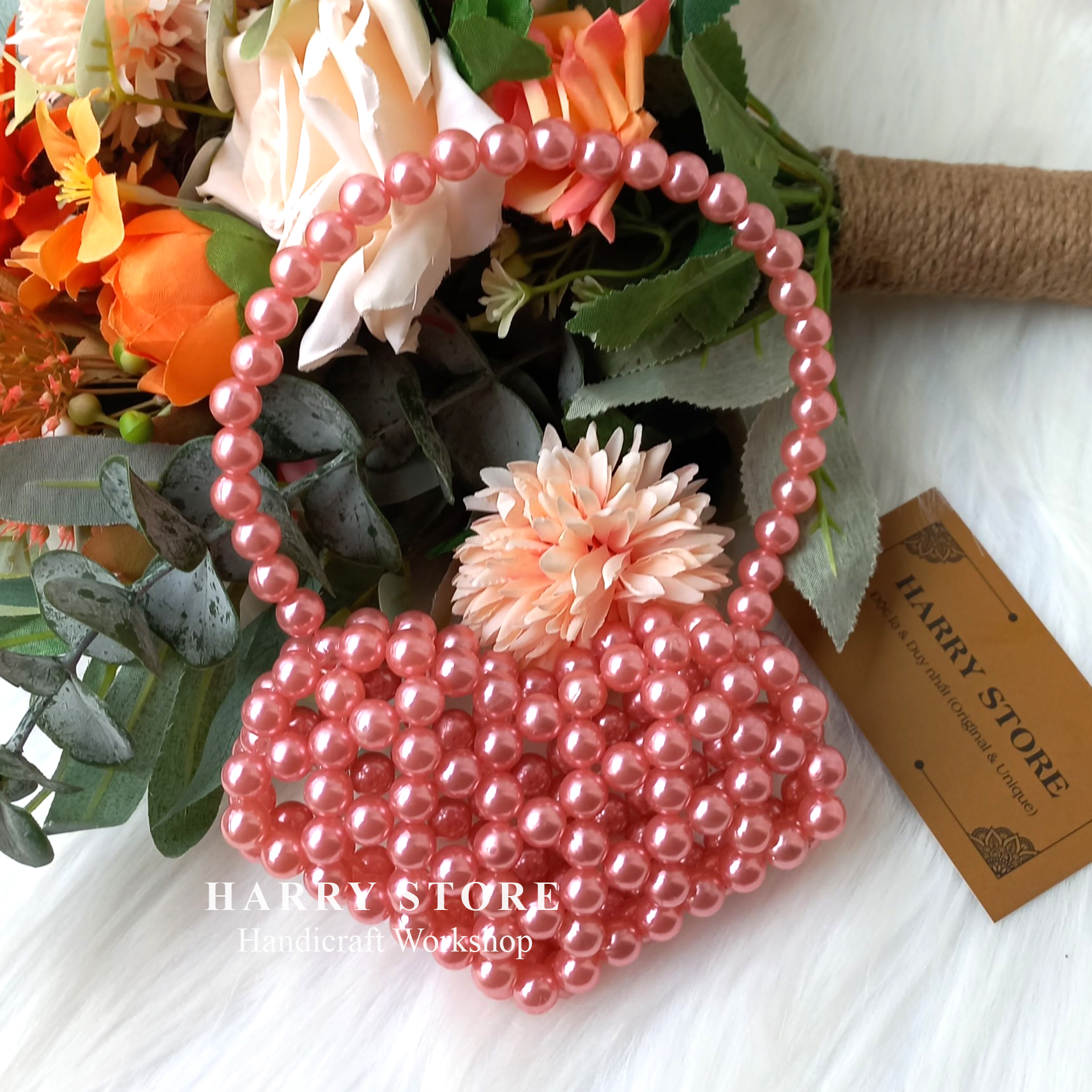 Túi cườm handmade kết ngọc trai hình trái tim đáng yêu HRRE-HN