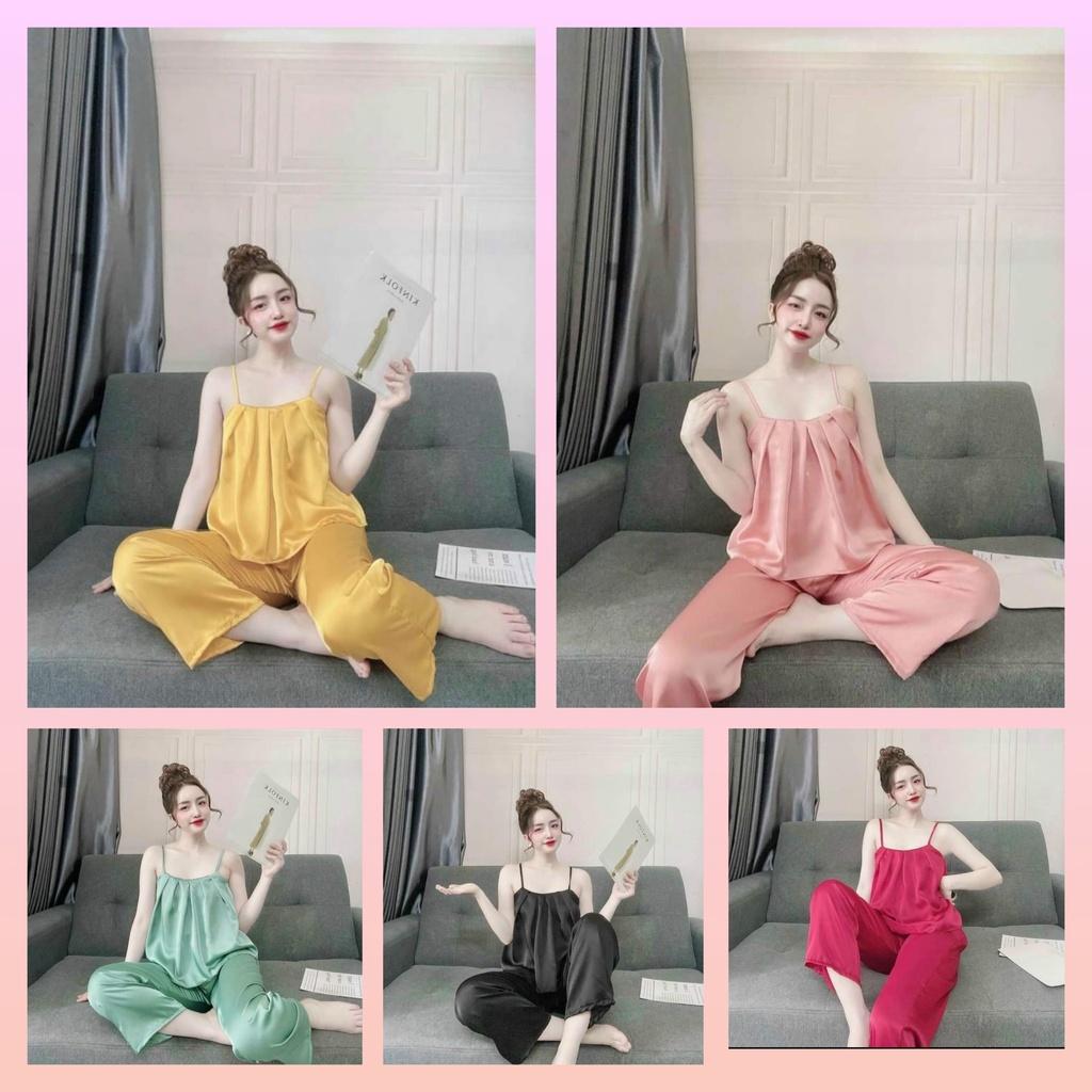 Đồ ngủ sexy nữ, Đồ ngủ nữ hai dây chất satin bộ mặc nhà freesize gợi cảm