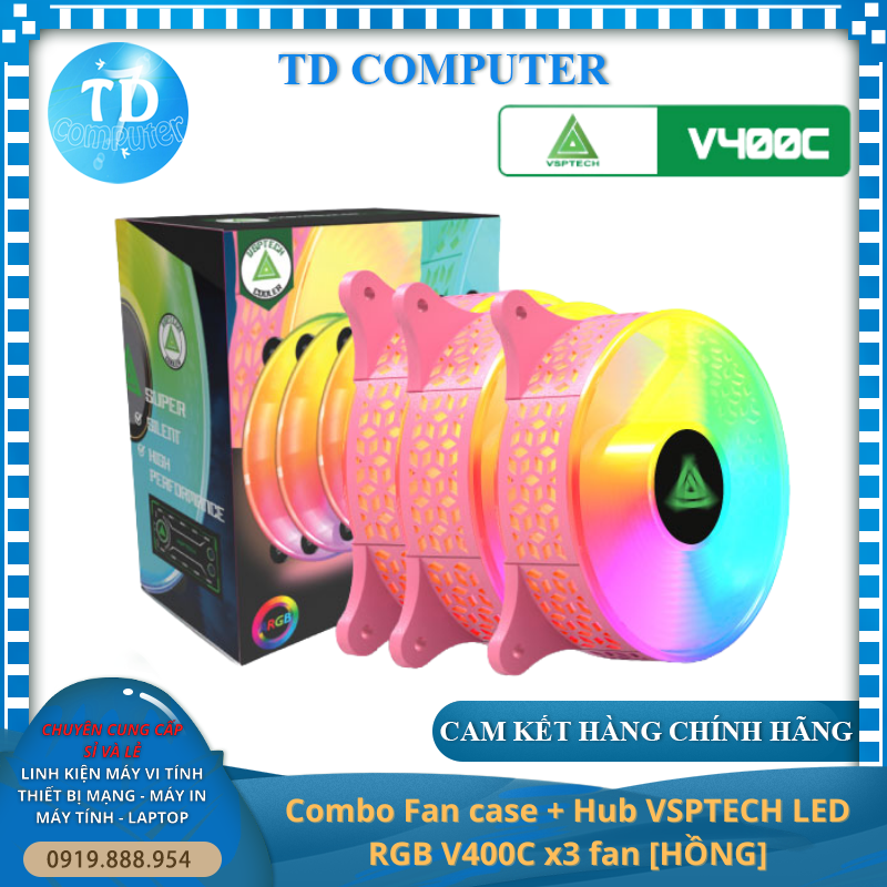 Bộ 3 Fan case VSP V400C [HỒNG] 12cm LED RGB (kèm Hub + Remote) + Hàng chính hãng TECH VISION phân phối