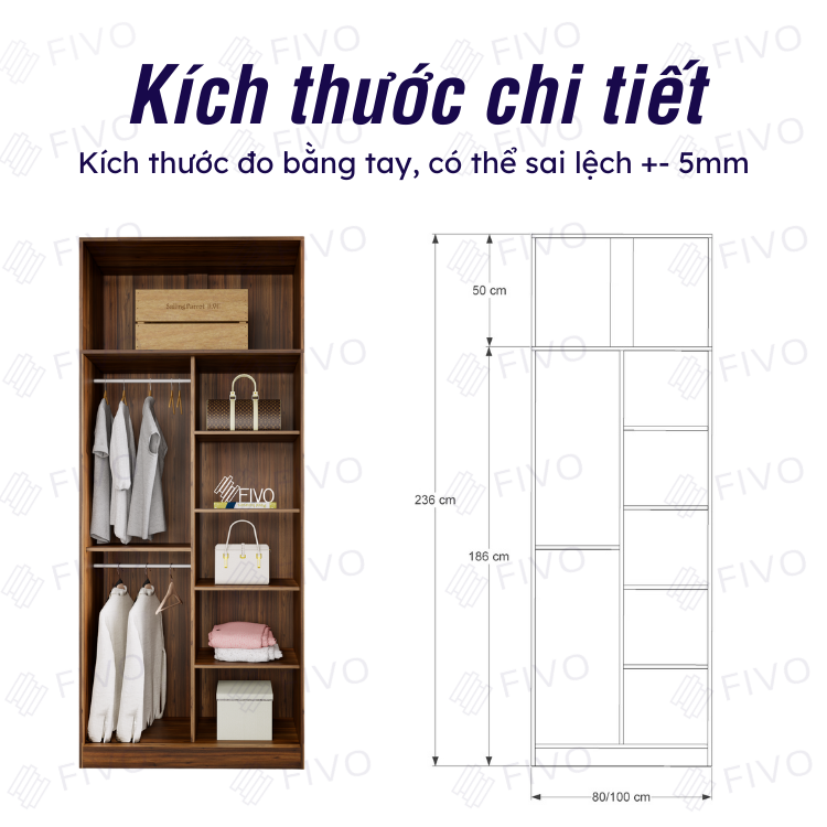 Tủ Áo Quần Cửa Lùa Sang Trọng Gỗ MDF Lõi Xanh Chống Ẩm FC31 FIVO Màu Walnut Ấm Cúng Cho Phòng Ngủ, Thiết Kế Rộng Rãi