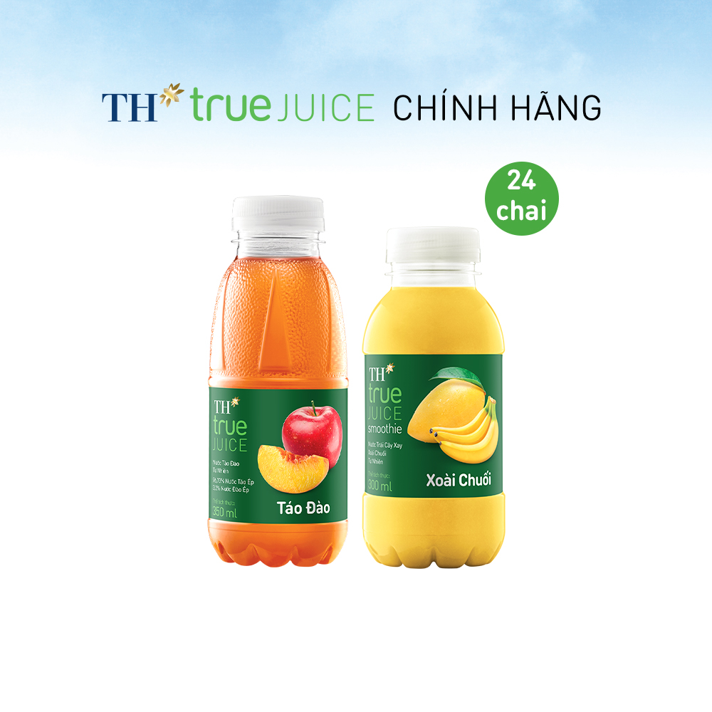 Thùng 12 chai táo đào &amp; 12 xoài chuối tự nhiên TH True Juice 300ml (350ml x 24 chai)