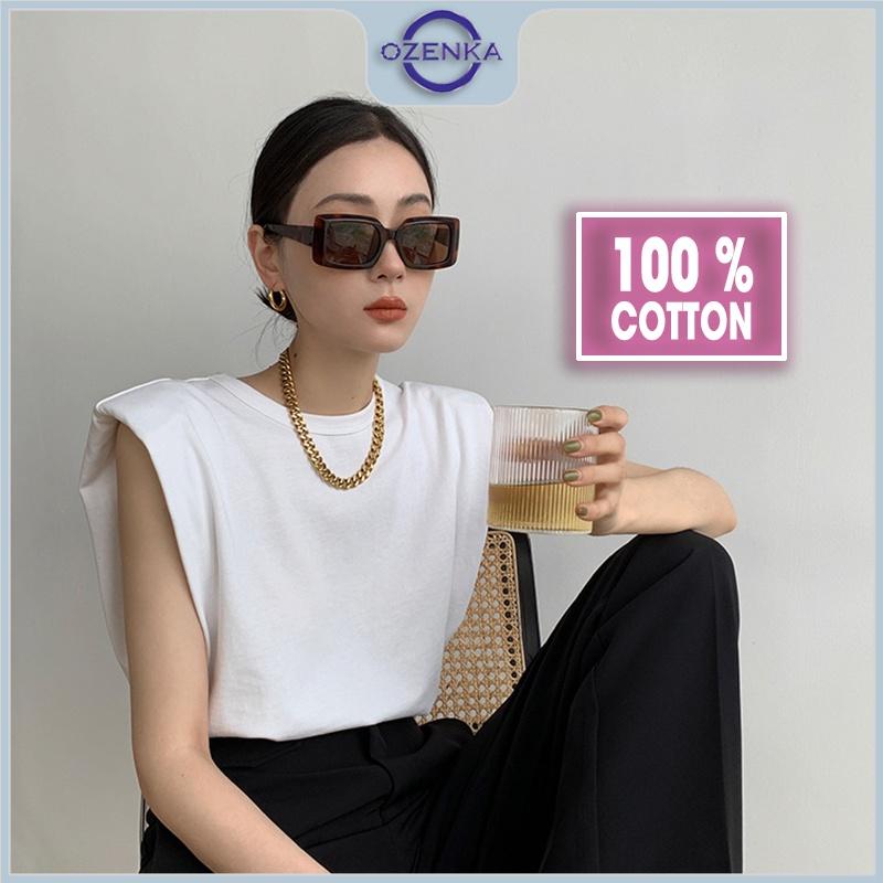 Áo thun tay hến độn đệm vai nữ đen trắng OZENKA , áo phông kiểu hàn quốc sang chảnh hot trend 2022 100% cotton mềm mịn