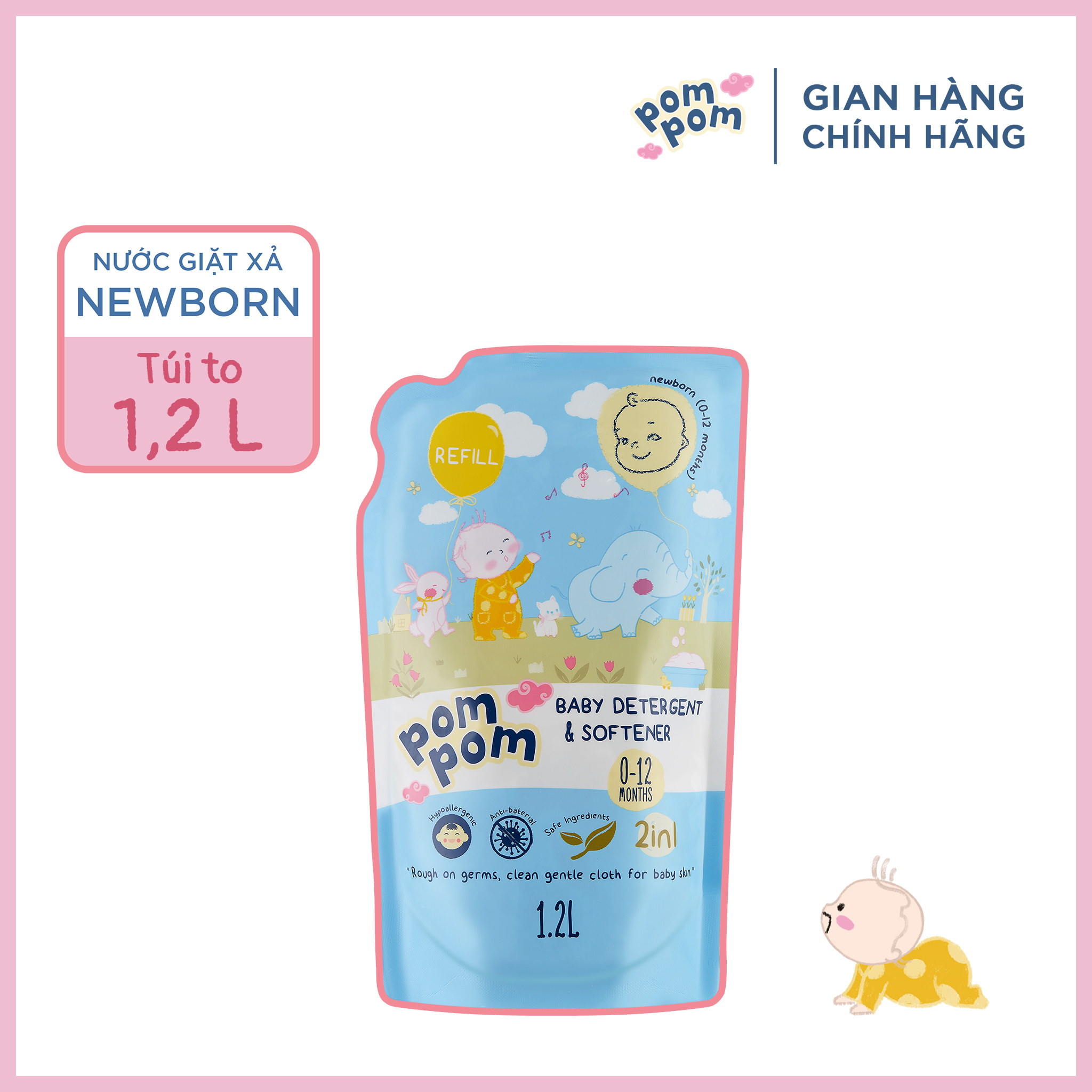 Túi Nước Giặt Xả Cho Bé 0-12 Tháng Tuổi Pom Pom Newborn 1.2L