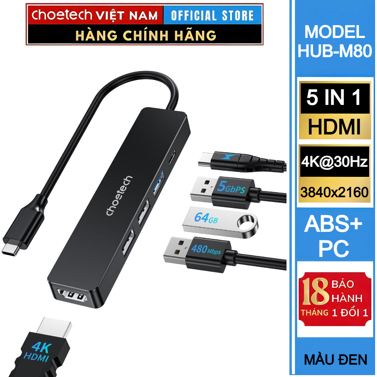 Hub chuyển đổi 5 in1 Choetech HUB-M80 - Hàng chính hãng