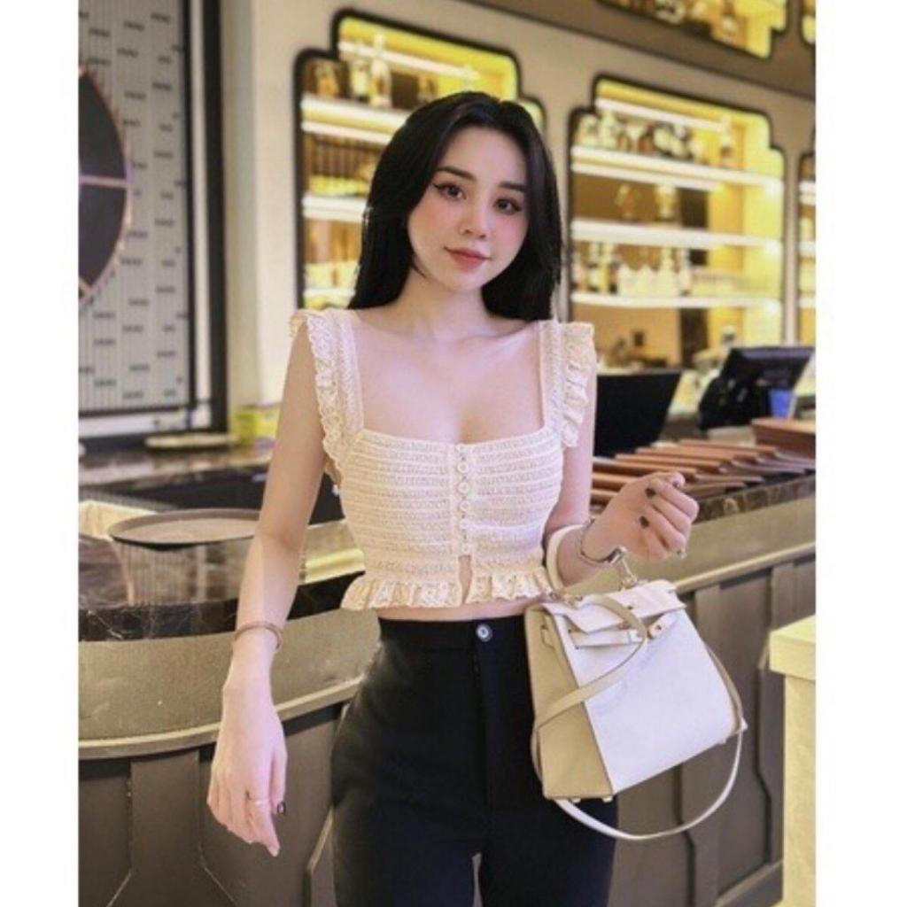 Áo 2 dây cánh tiên cúc gỗ viền ren, Áo nữ dáng ngắn croptop thời trang đi biển A12
