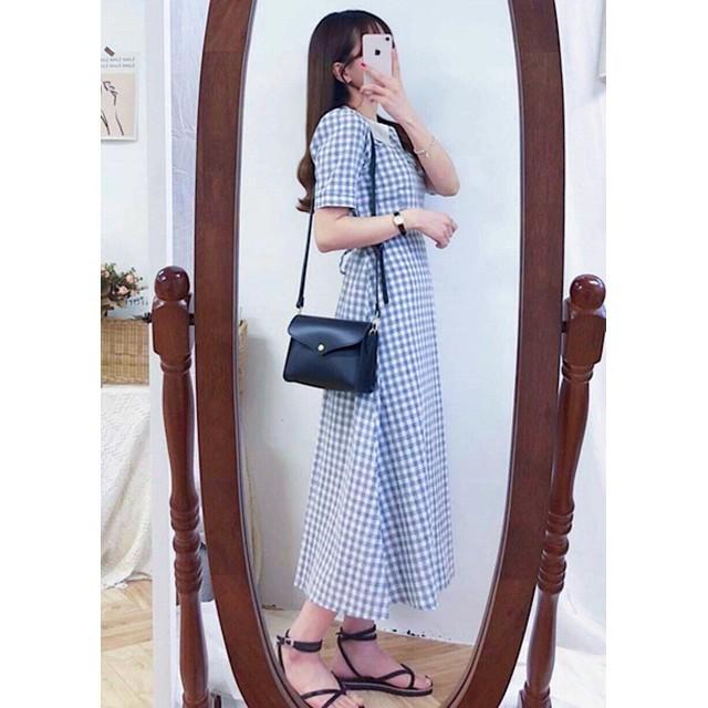 Đầm Dài Xanh Caro Phối