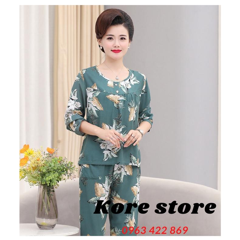 Bộ đồ trung niên tay dài quần dài đũi cực mát cho mẹ cho bà, họa tiết hoa lá xinh