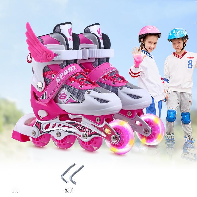 Giày patin trẻ em, người lớn bánh có đèn flash sports, tặng kèm bảo hộ tay chân đầu gối 6 mảnh và 2 thanh cờ lê tháo lốp