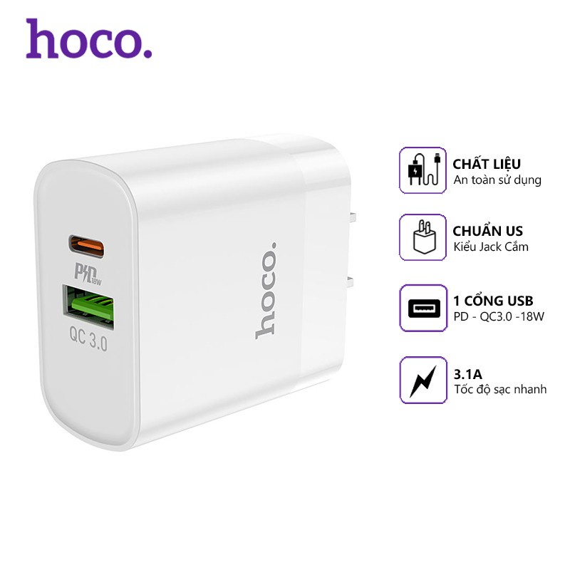 Củ sạc nhanh HOCO C80 20w 2 cổng sạc cho typeC và USB dùng cho ip, ss