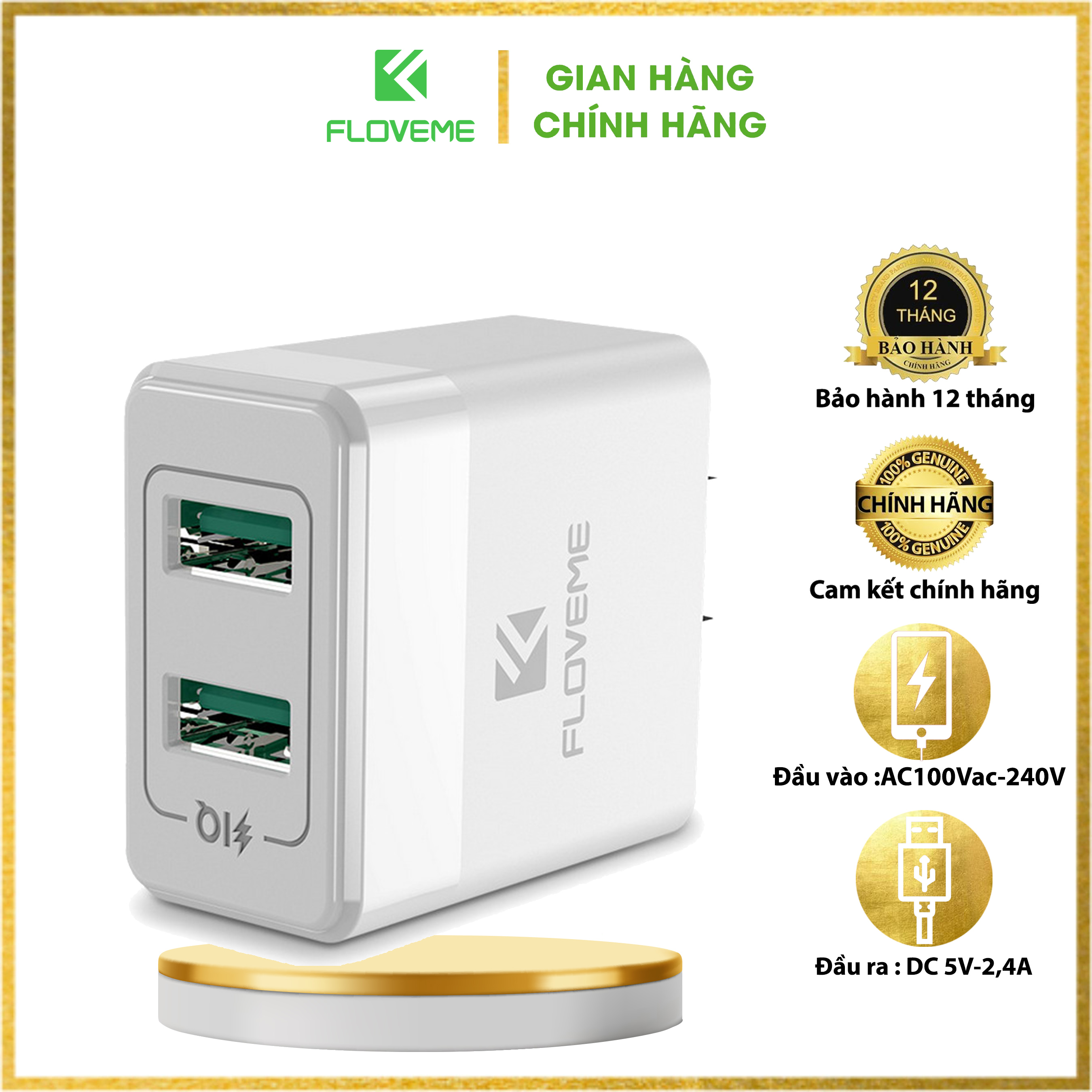 Củ sạc USB kép FLOVEME - chất liệu chống cháy ABC - sạc an toàn và nhanh chóng - chip nâng cấp - điện áp 100-240V - Hàng chính hãng