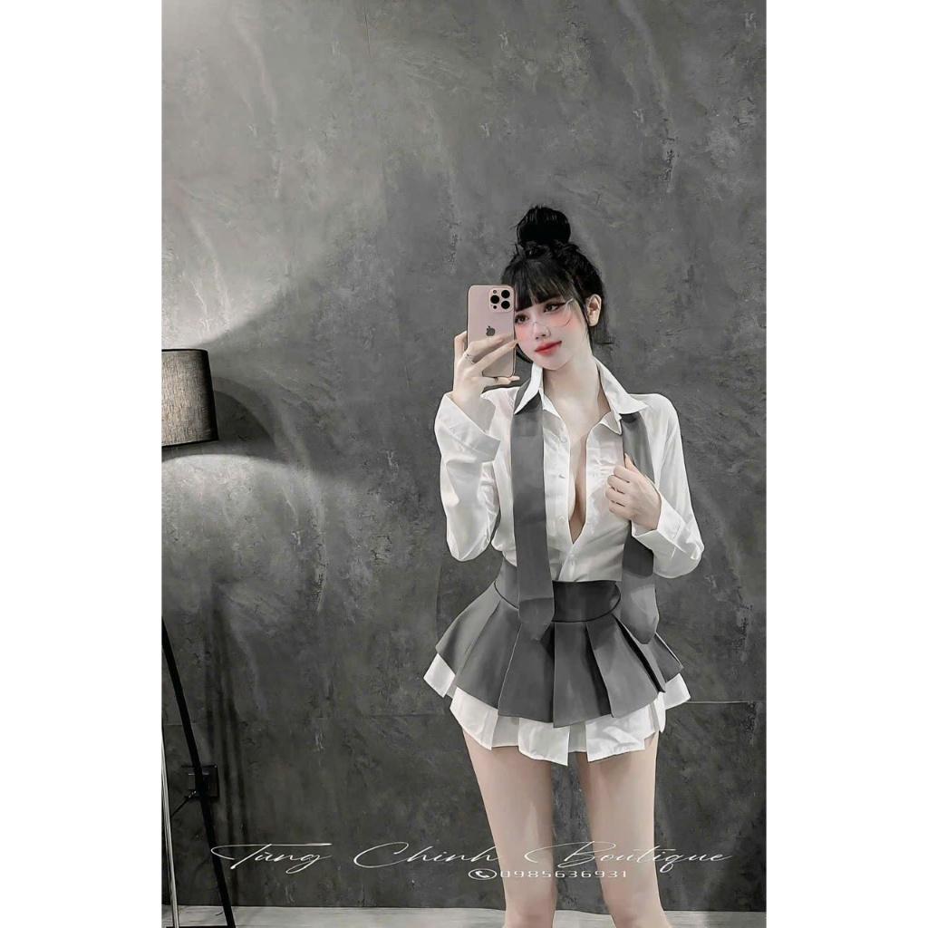 Sét sơ mi dài tay mix chân váy ly phối tặng cà vạt  LD781 BY JOLIE - kẻ xám, kẻ xám