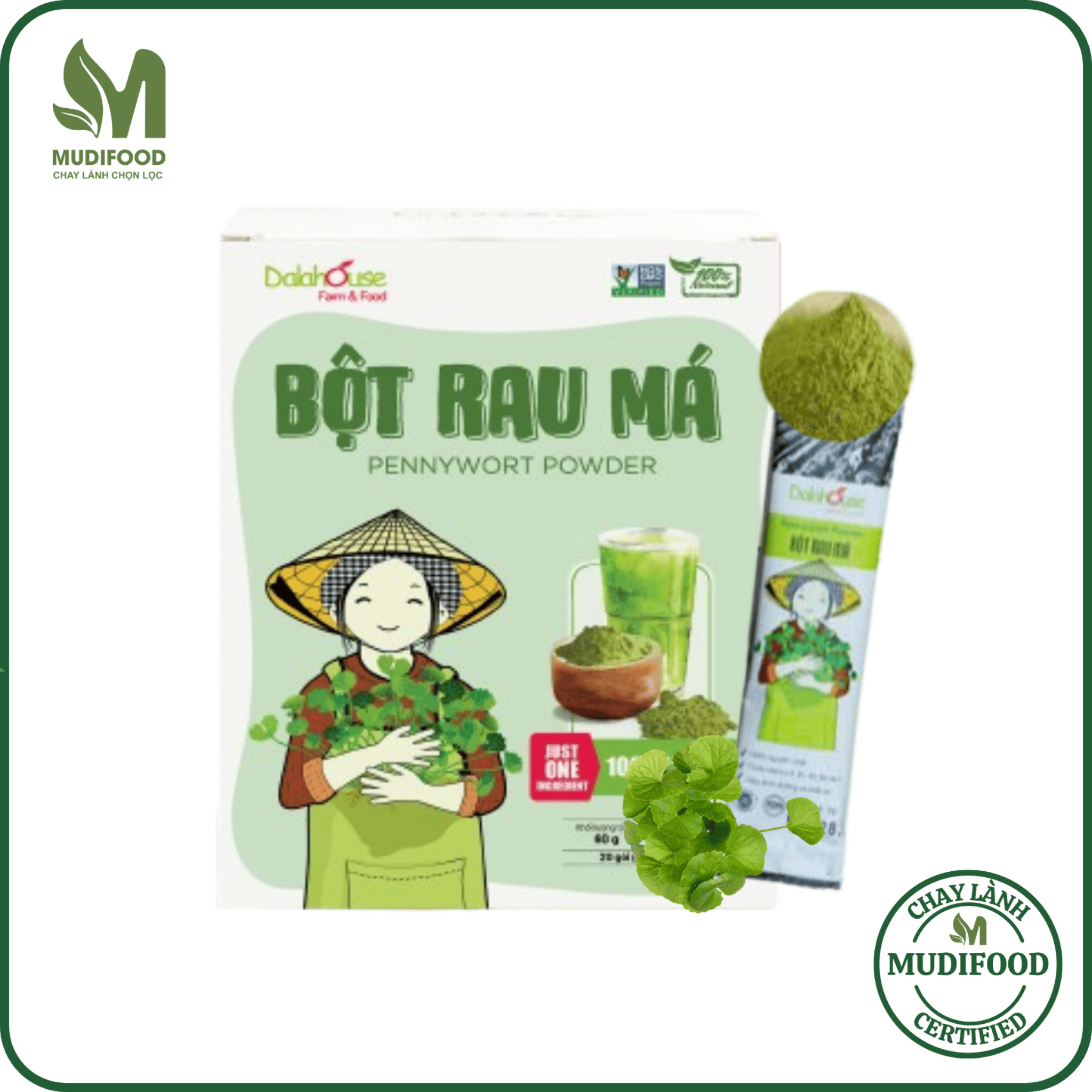 Bột Rau Má Hữu Cơ Nguyên Chất Sấy Lạnh Dalahouse – Thải Độc, Mát Gan, Lợi Tiểu, Giúp Hạ Sốt, Hỗ Trợ Giảm Mụn Nhọt, Rôm Sấy, An Thần, Cải Thiện Trí Nhớ, Hỗ Trợ Tiêu Hóa, Giảm Sẹo Lồi, Giảm Thâm, Đẹp Da, Tăng Cường Hệ Miễn Dịch, Phòng Ngừa Táo Bón – Hộp 20 gói 3g