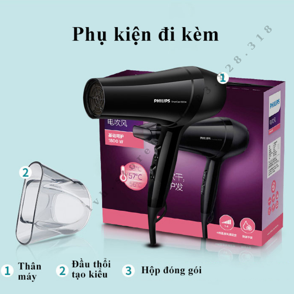 Máy sấy tóc Philips 2 chiều nóng lạnh BHC020 công suất lớn 1800W tạo kiểu tóc chuyên nghiệp chuẩn salon - Hàng nhập khẩu