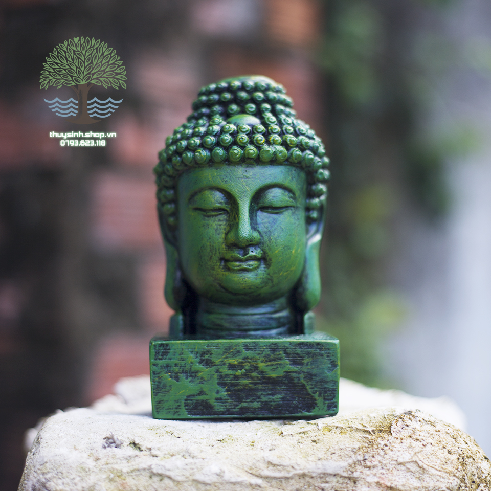 Diện Phật Thích Ca màu xanh rêu cao 15cm trang trí hồ cá, thuỷ sinh, tiểu cảnh, bán cạn, terrarium