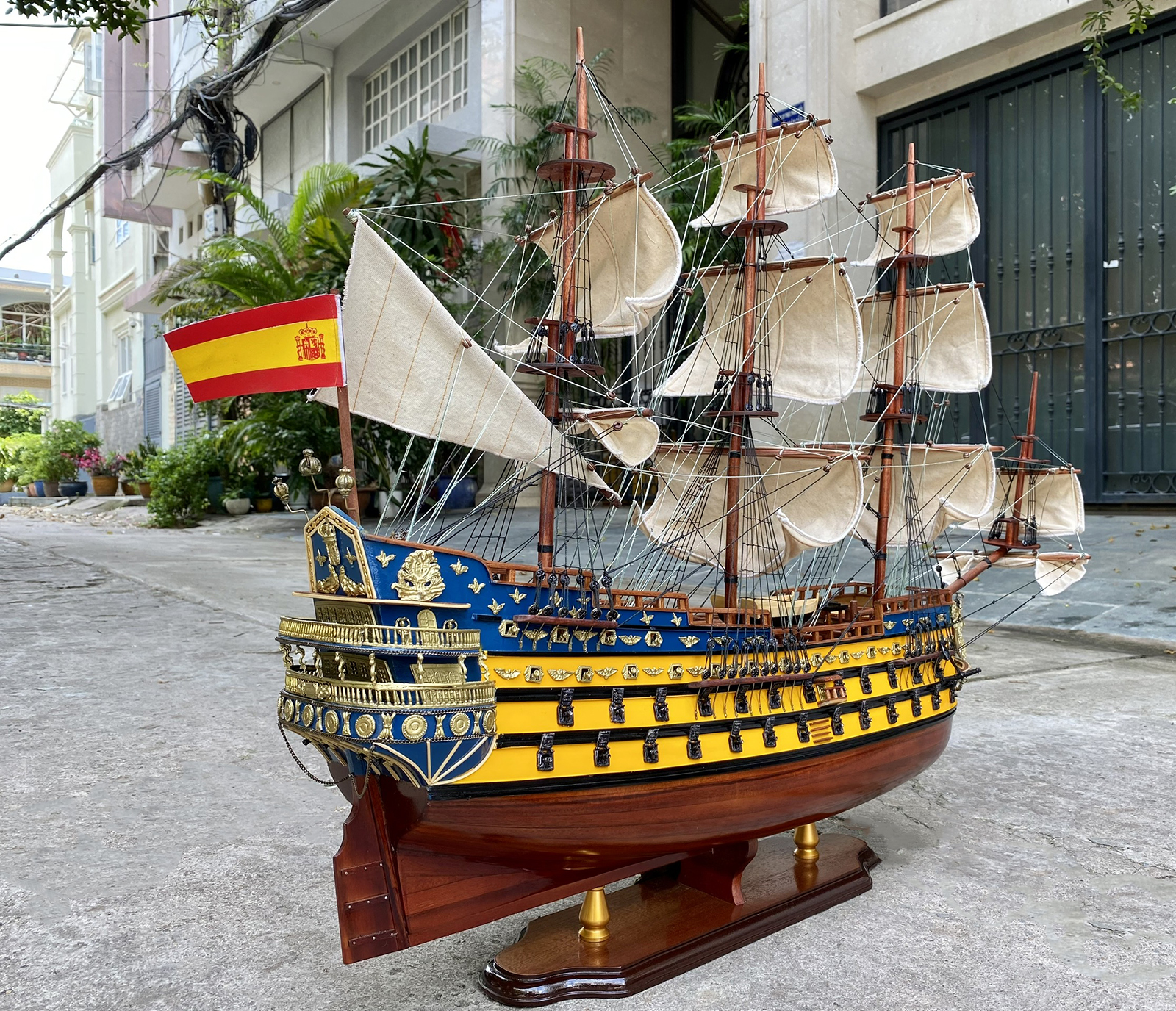 Mô hình thuyền gỗ trang trí San Felipe dài 95cm hàng cao cấp lắp ráp sẵn, thuyền buồm phong thủy gỗ tự nhiên, quà tặng khách hàng