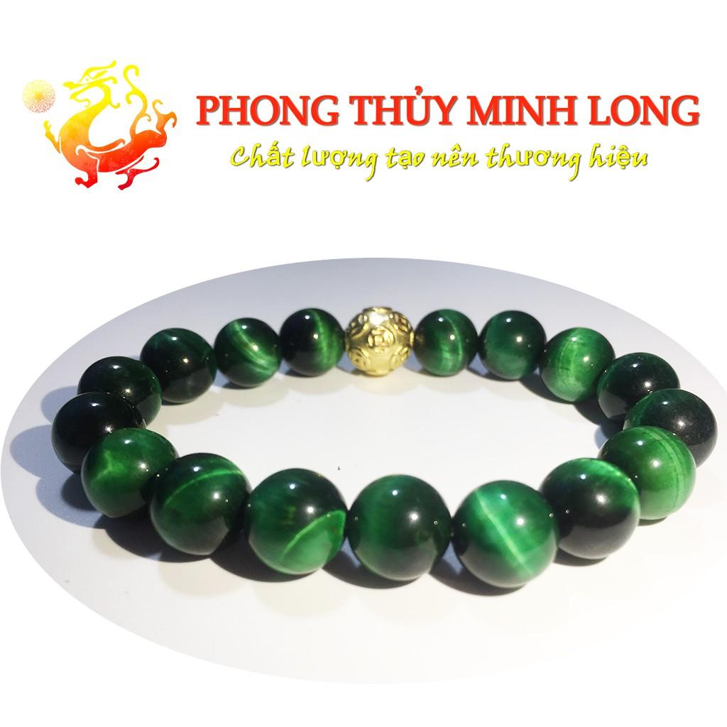 Vòng tay đá Mắt Hổ Xanh Lá chất lượng 5A mix 1 hạt kim tiền Vàng hợp mệnh Mộc và Mệnh Hỏa
