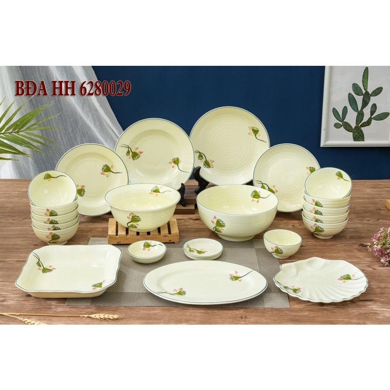 BỘ ĐỒ ĂN BÁT TRÀNG MEN KEM 22- 28 Món , HOẠ TIẾT VẼ ĐÀI SEN. GỐM SỨ BÁT TRÀNG.