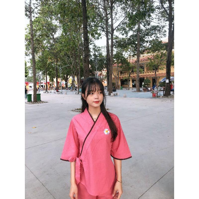 Đồ bộ đi chùa.chéo nơ thêu cúc .