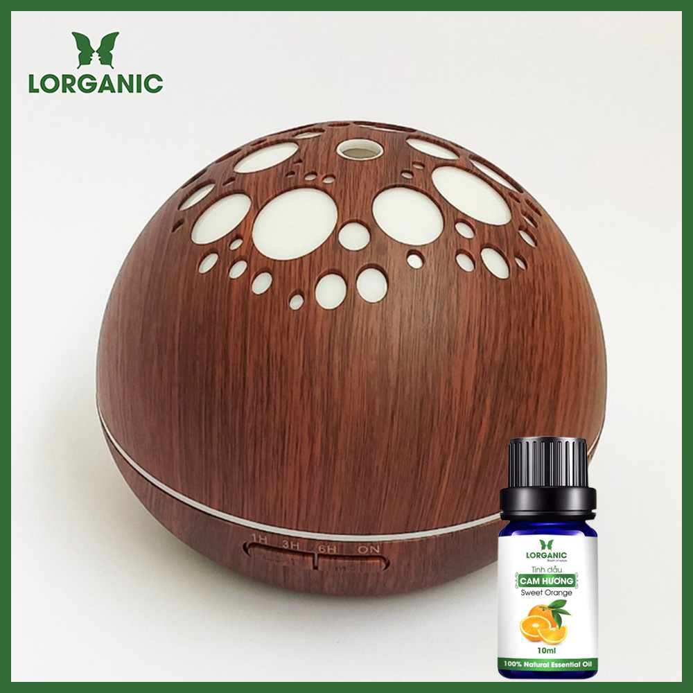 Combo máy khuếch tán/ máy xông tinh dầu Lorganic ánh trăng vân gỗ tối FX2041 + tinh dầu cam hương Lorganic / Phun sương sóng siêu âm/ Thích hợp xông phòng 15-40 m2.
