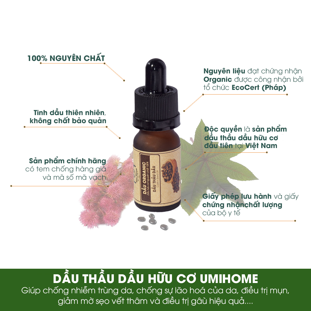 Dầu Thầu Dầu Nguyên Chất Umi Home (10ml) Dùng cho dưỡng da, loại bỏ mụn thâm nám hiệu quả