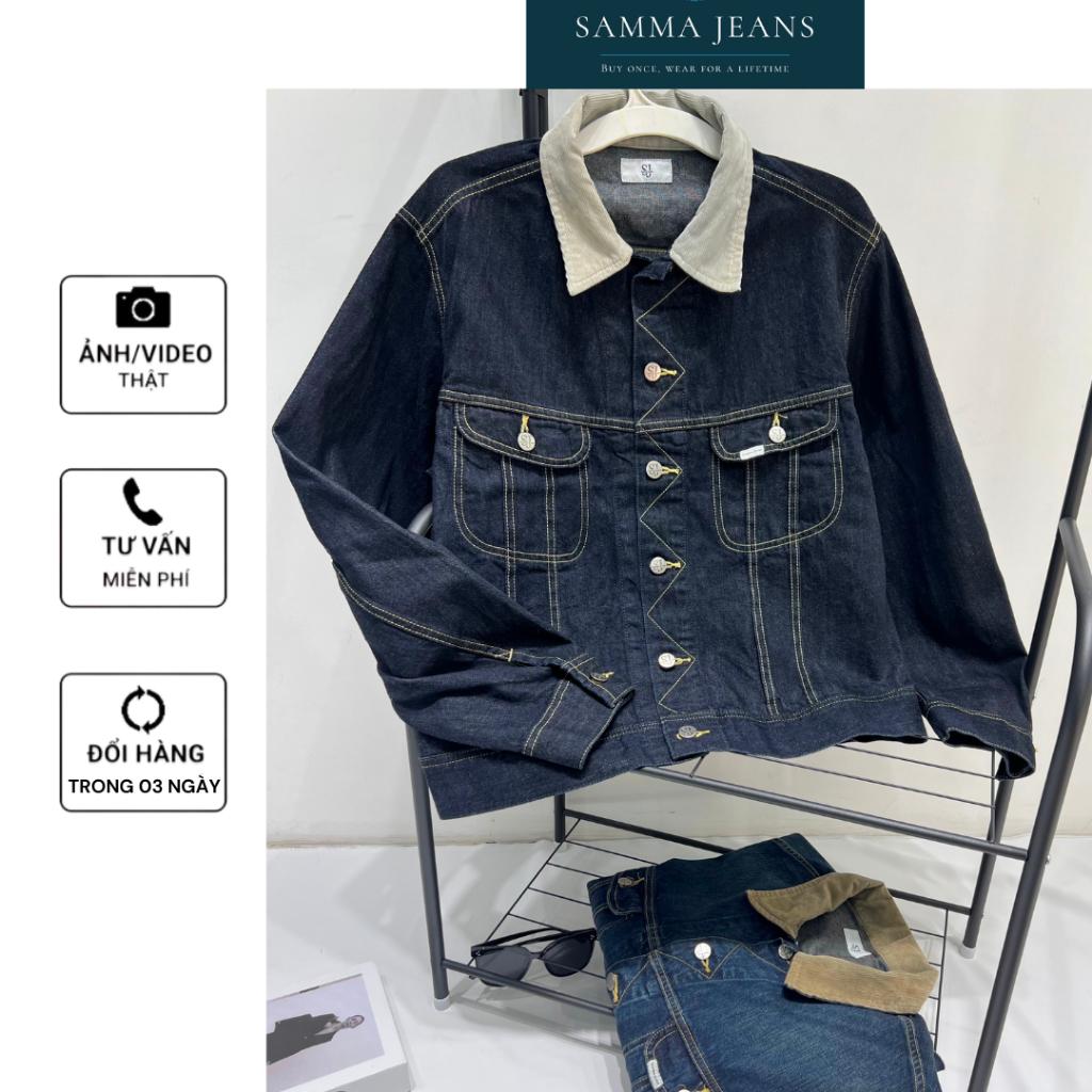 Áo khoác bò denim nam nữ unisex dáng rộng Phối Cổ JK1_ áo jacket jean phong cách Hàn Quốc | Samma Jeans - Navy (Đậm)