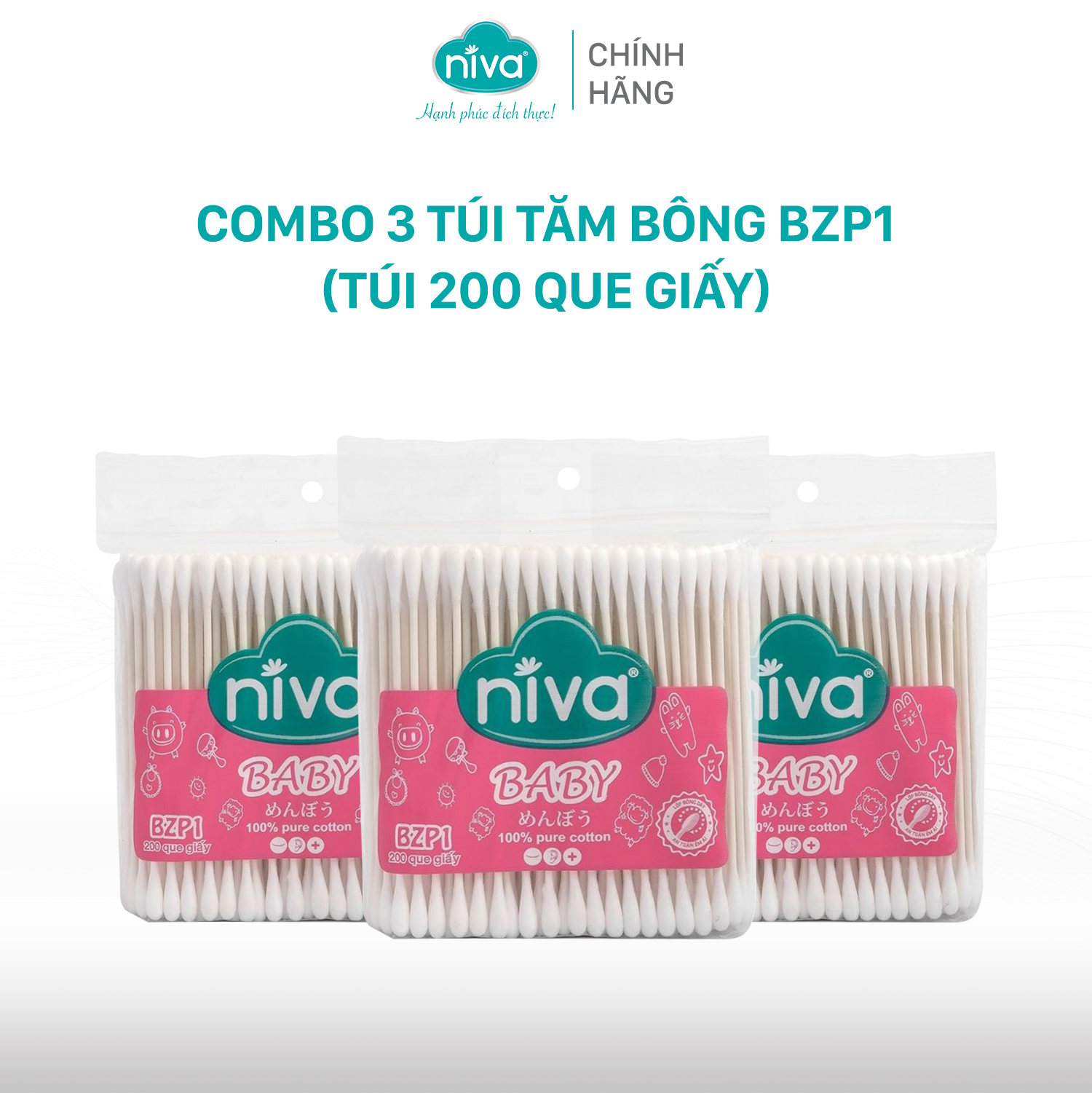 Combo 03 Tăm Bông NIVA Dành Cho Trẻ Em Túi Zipper 200 Que Giấy Bzp1