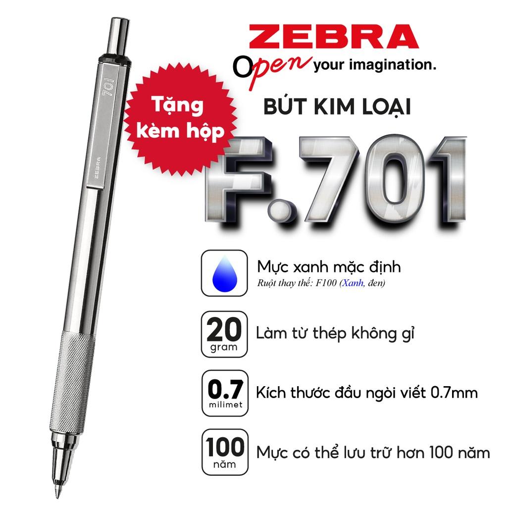 Bút bi bấm kim loại Zebra F701 mực xanh - Chất liệu thép không gỉ - [Chính hãng]