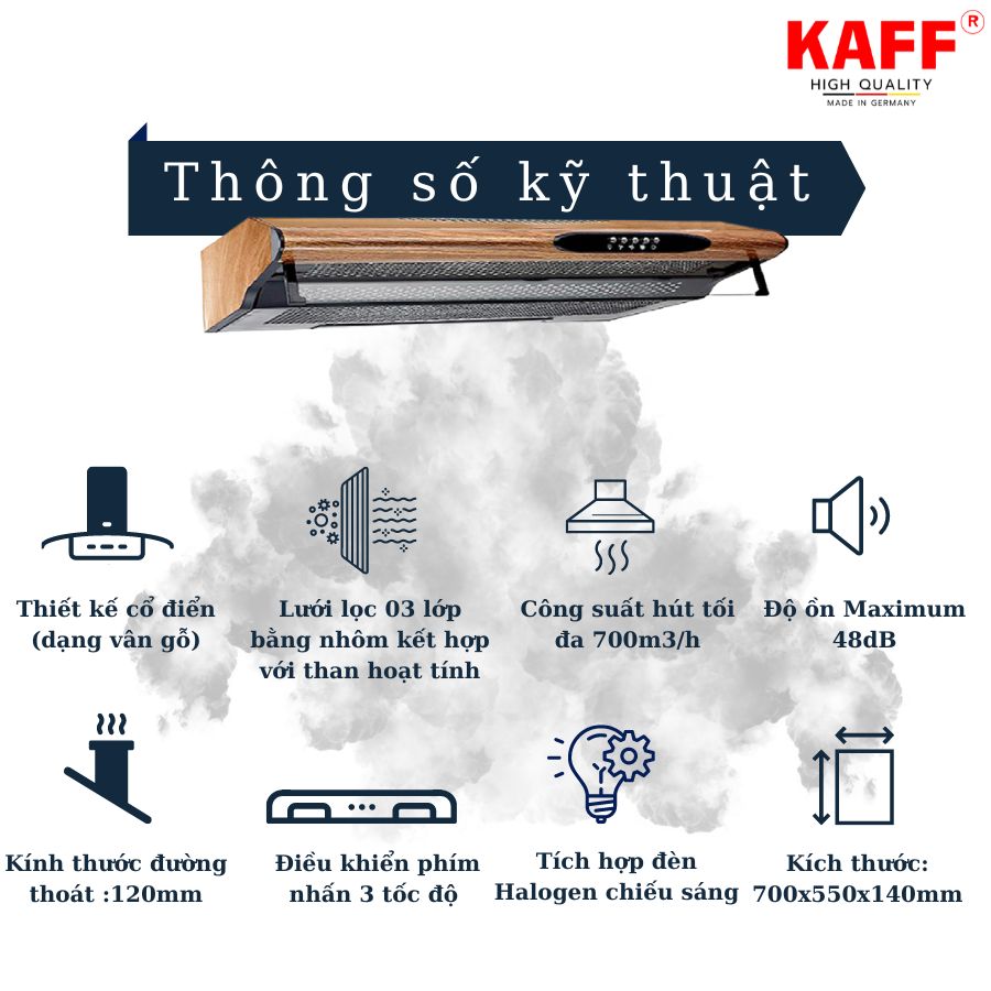 Máy hút mùi vân gỗ KAFF KF-700W - Tặng bộ lọc than hoạt tính - Hàng chính hãng