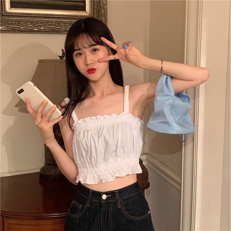 Áo hai dây croptop dúm chất đũi cực xinh 2 màu giá rẻ
