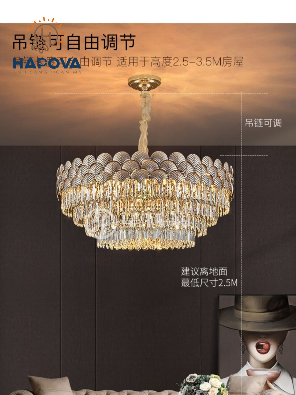 Đèn chùm trang trí phòng khách, phòng ngủ HAPOVA ANNOL 8116 đường kính 600/800mm Kèm Bóng E14