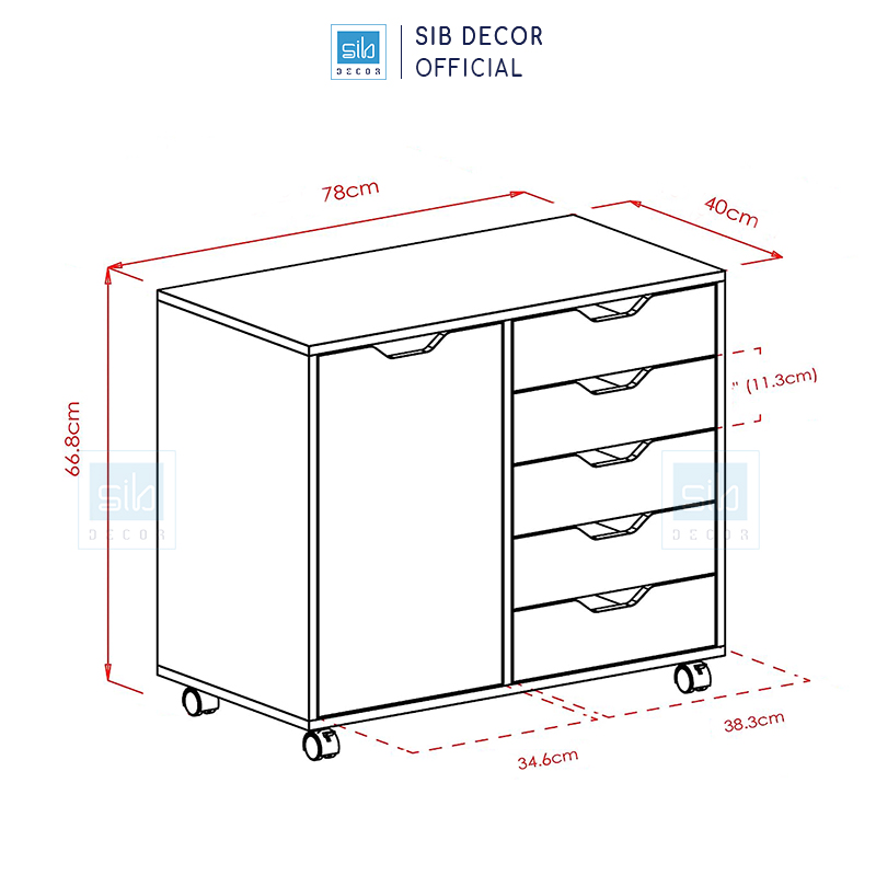 Tủ Gỗ Cabinet Halifax 5 Ngăn Kéo Có Bánh Xe Thương Hiệu SIB Decor