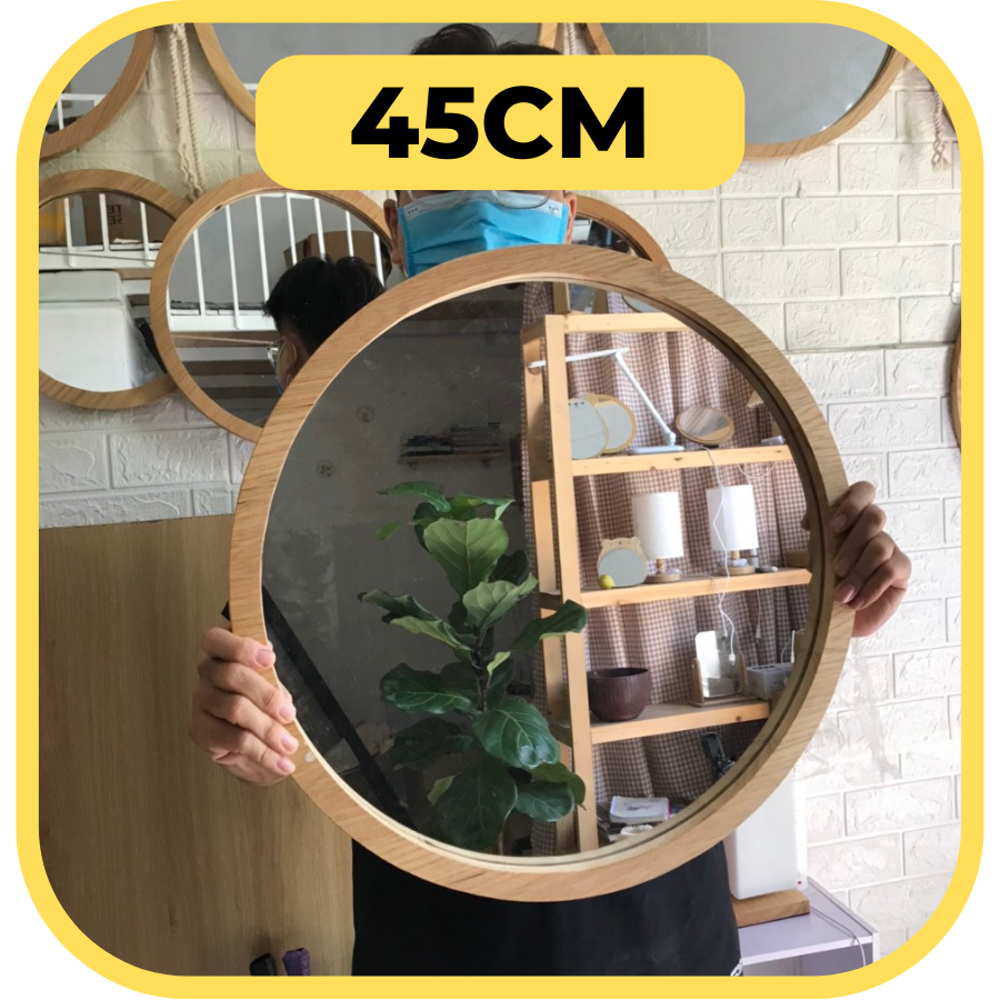 Gương tròn viền gỗ thông phủ PU chống ẩm, Đường kính 30cm đến 60cm, Có dây treo tường