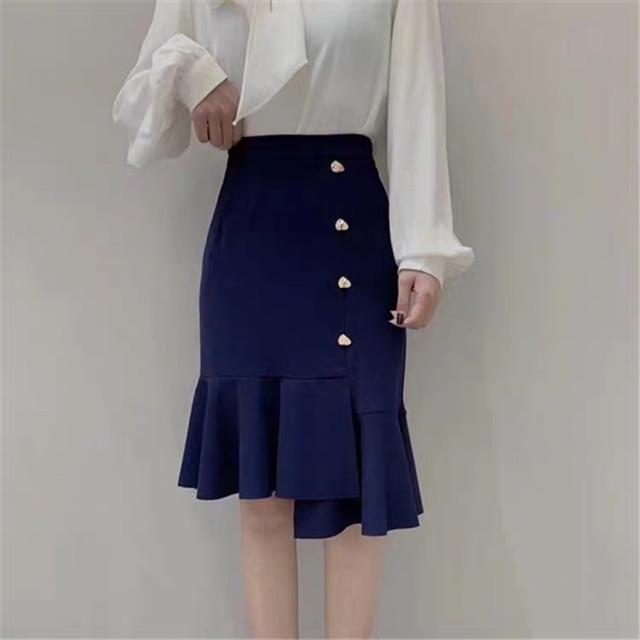 Chân Váy Chữ A Đuôi Cá Lệch Tà Đính Cúc Thời Trang Nữ