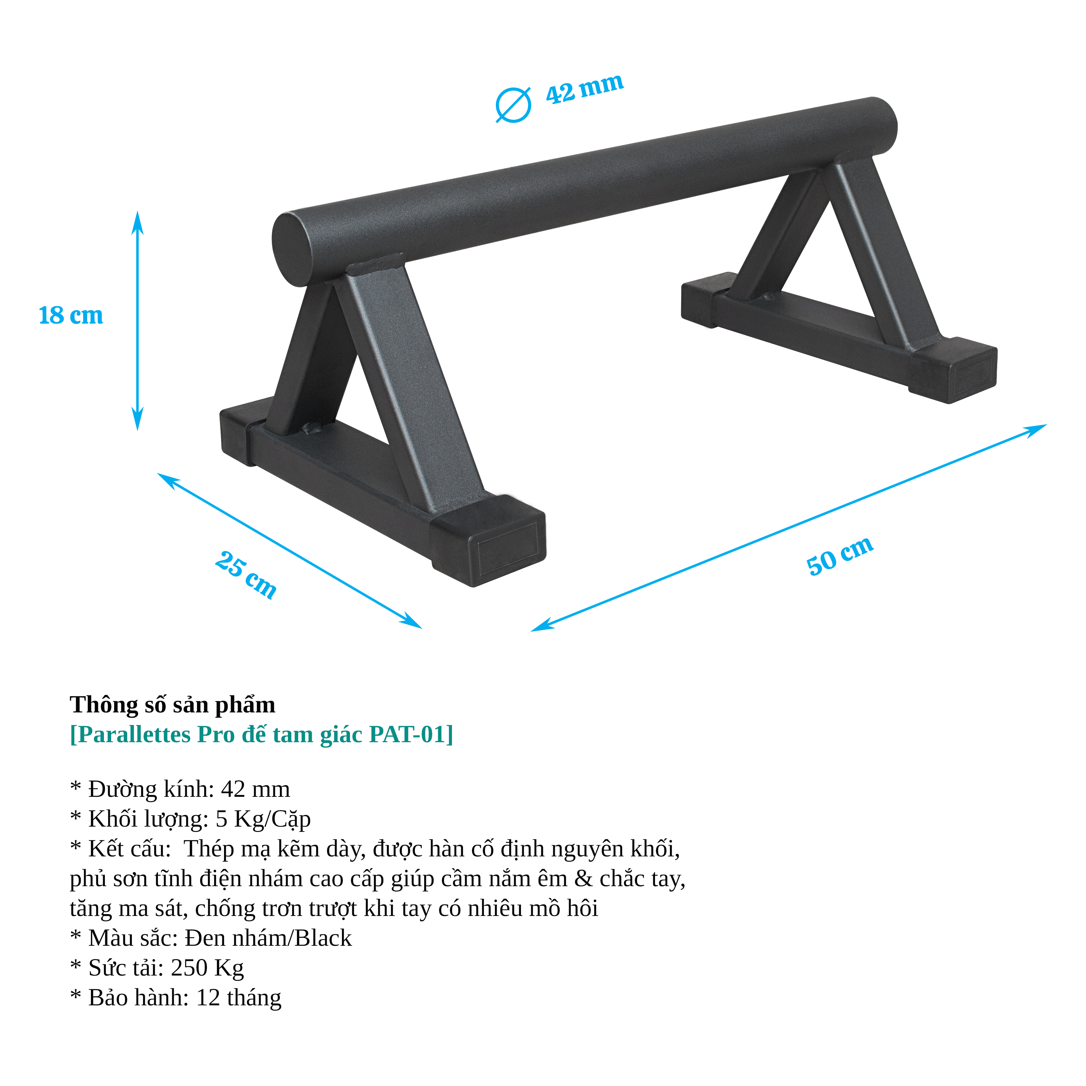 Dụng cụ chống đẩy, hít đất, Parallettes Pro đế tam giác Pocorrys PAT-01, Màu đen Full Black