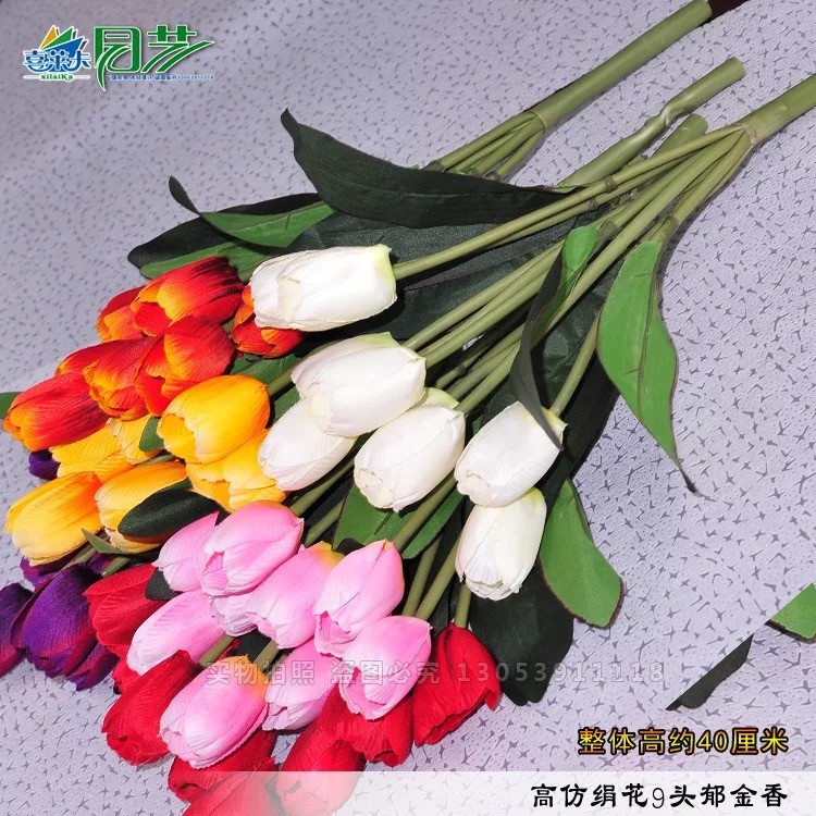 Chùm Hoa Lụa giả 9 Bông Hoa TuLip Màu Hồng