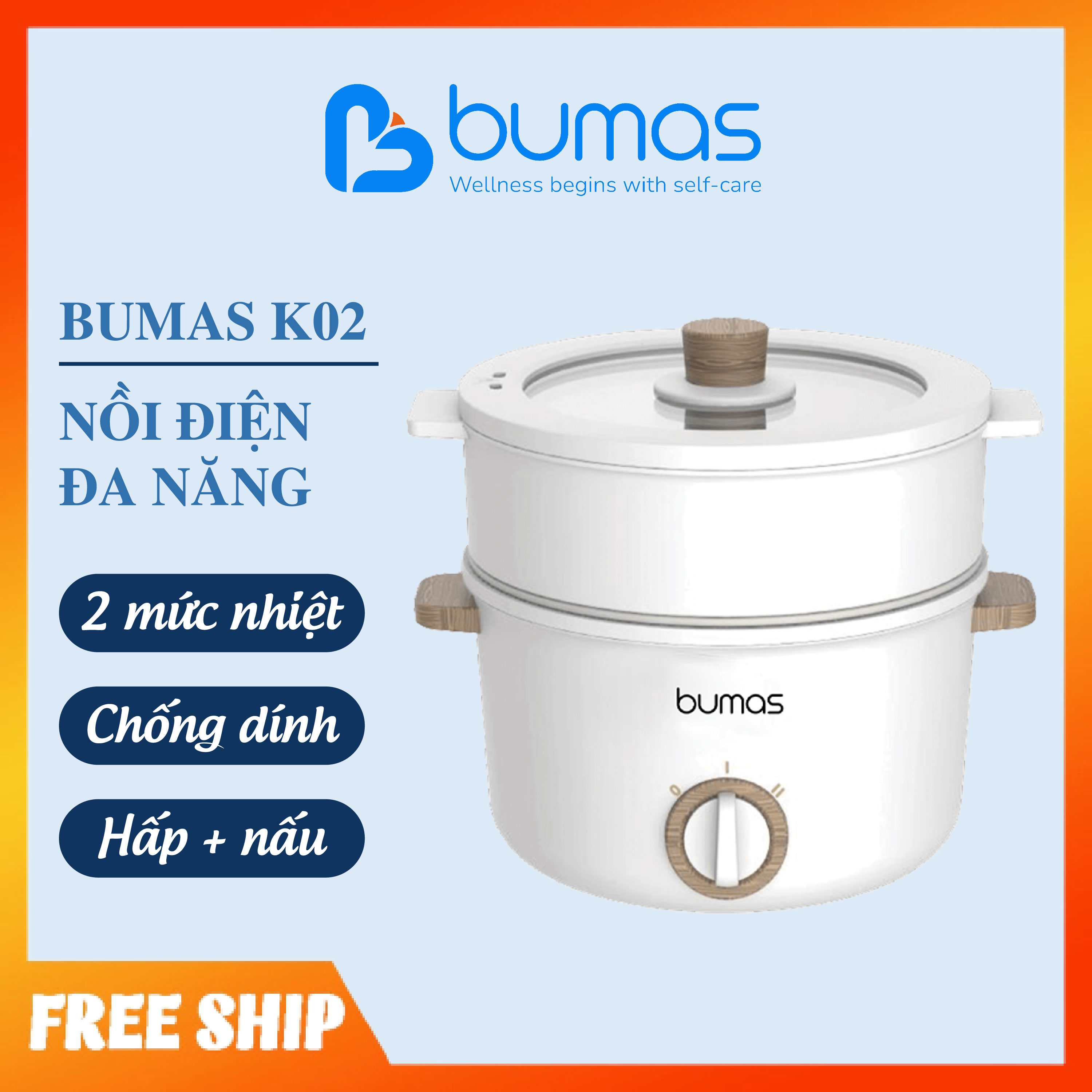 Nồi Điện Đa Năng BUMAS K02 Chống Dính Men Gốm, Dung Tích 2.5L, Công Suất 700W - Hấp, hầm, chiên, xào, nấu lẩu, nấu cơm - Hàng chính hãng
