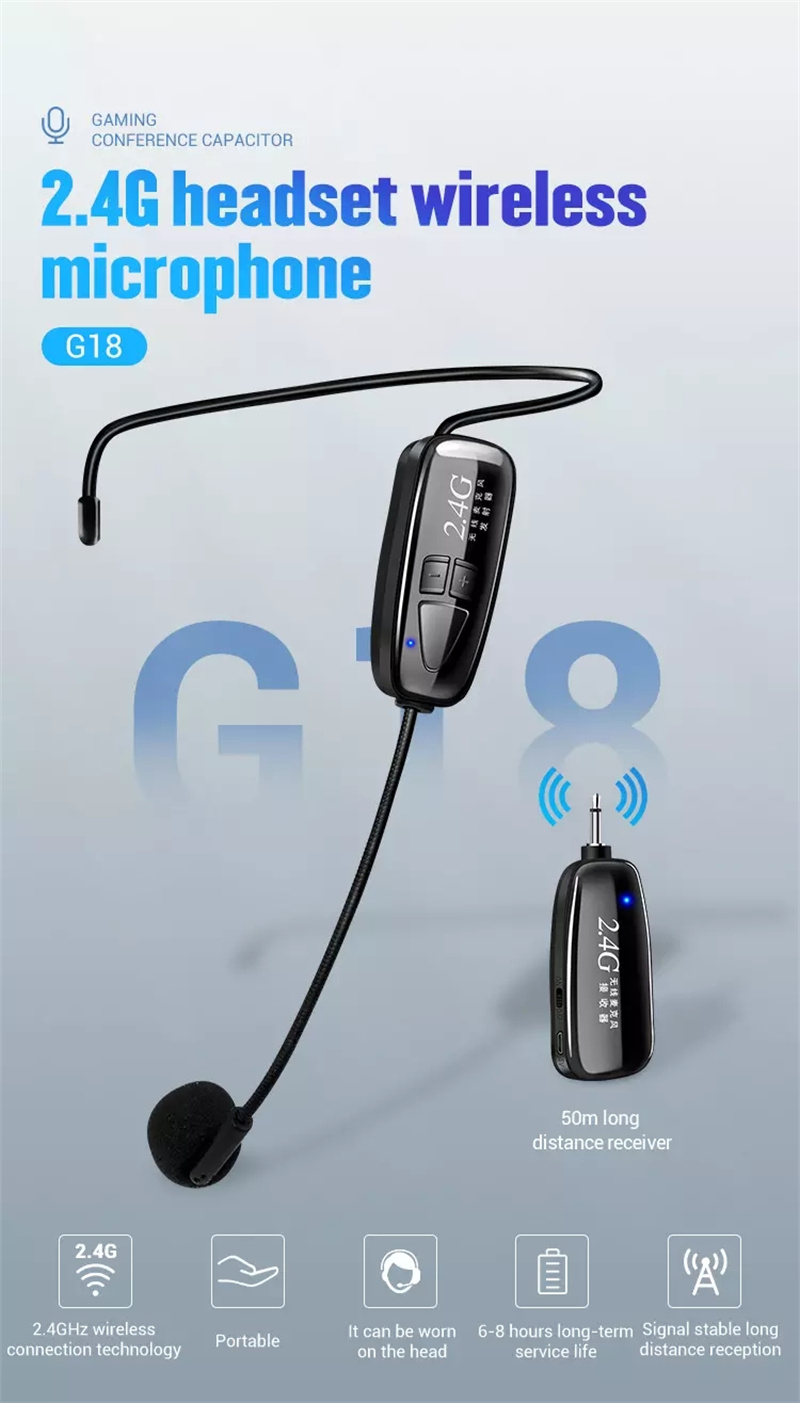 Micro Không Dây 2.4G G18 Đeo Tai, Tích Hợp Nút Điều Chỉnh Âm Lượng, Kết Nối Dài 50m, Pin Lithium 400mAh, Jack 3.5mm và 6.5mm, Hỗ Trợ Giảng Dạy, Thuyết Trình, Livestream, Chất Âm To Rõ, Dễ Dàng Sạc USB Qua Laptop, PC, Pin Dự Phòng | Hàng Nhập Khẩu