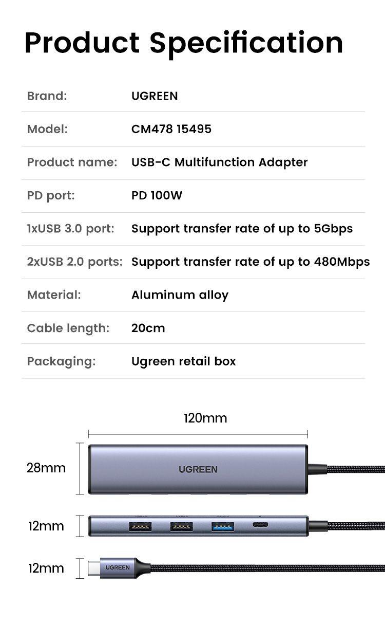 Ugreen UG15495CM478TK USB type C sang 2 x USB 2.0 + 1 x USB 3.0 + 1 x HDMI 4K30Hz + 1 x USB-C PD 100W Bộ chuyển Màu Xám - HÀNG CHÍNH HÃNG