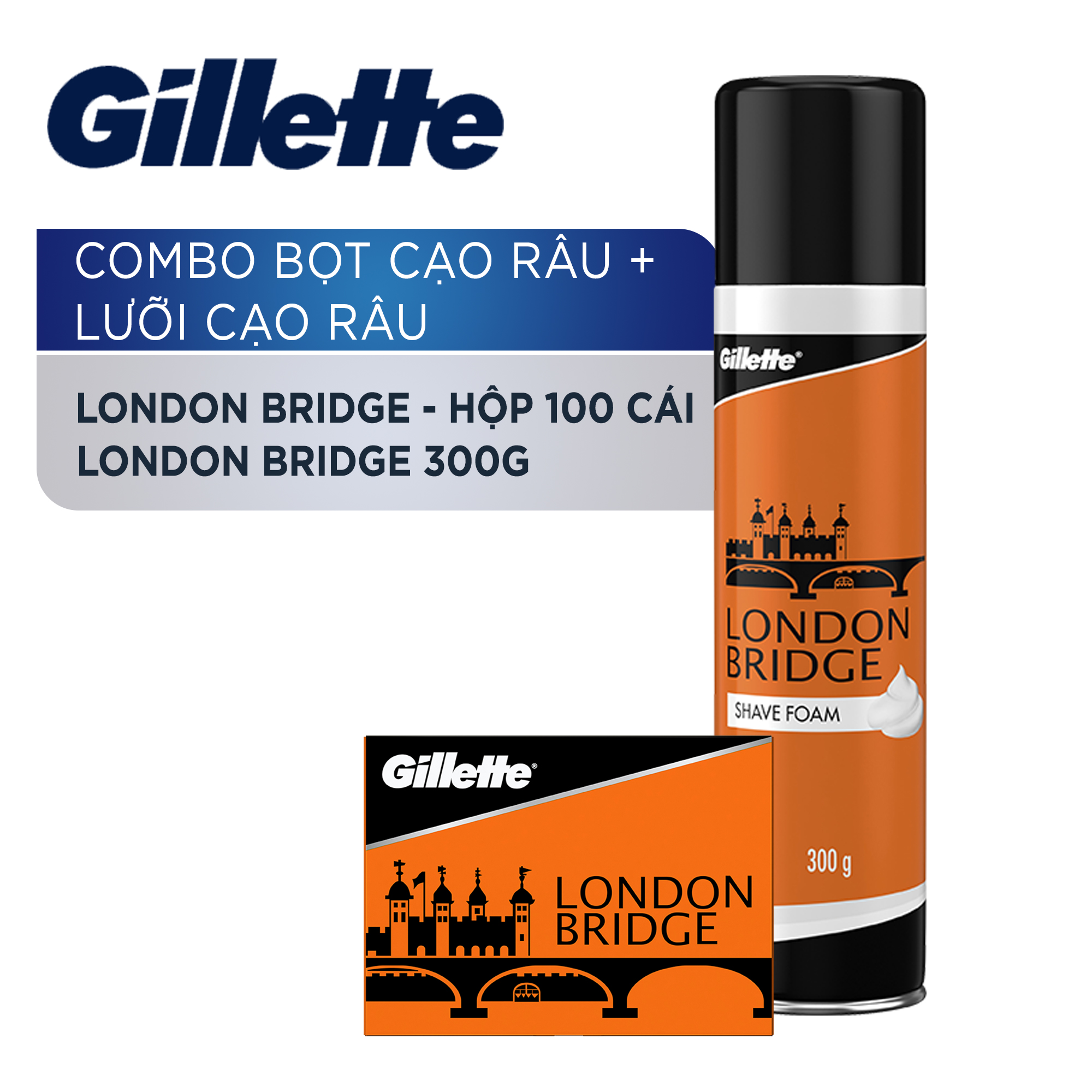 Bọt Cạo Râu GILLETTE London Bridge Chai 300g Và 2 Hộp Lưỡi Lam GILLETTE London Bridge 100 Cái