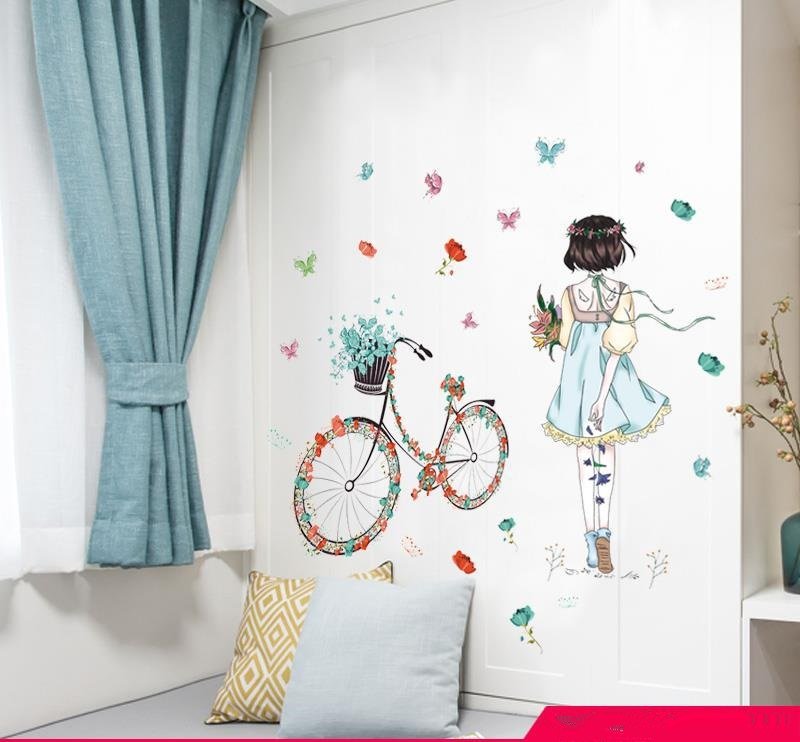 Decal dán tường cô gái dưới hoa đào lãng mạn