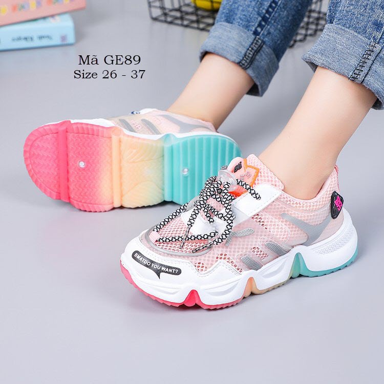 Giày thể thao bé gái độn đế bánh mỳ gót cao 5p cột dây thời trang nữ trẻ em gái 3 - 12 tuổi êm chân phong cách Hàn GE89