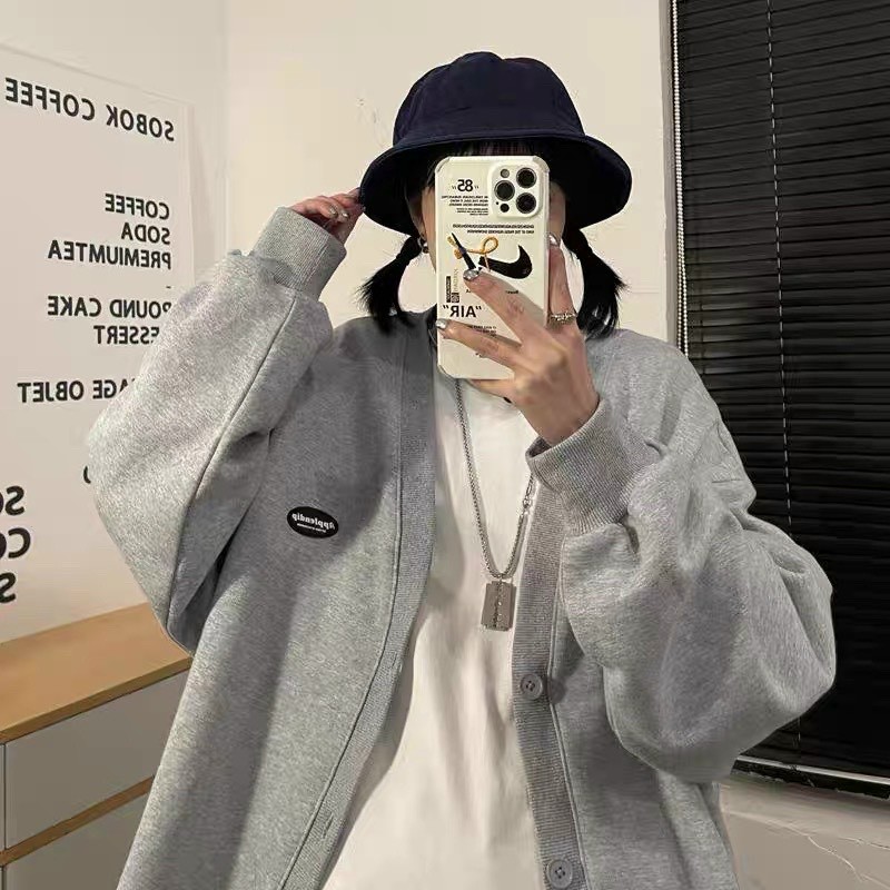 Áo khoác Cardigan nữ THÊU LOGO chất nỉ dày dặn phối nút 2 túi rộng nam nữ unisex