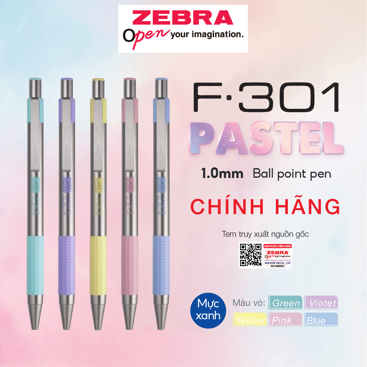 Viết bi bấm kim loại F301 PASTEL 1.0mm Zebra - Nhật [Chính Hãng] - mực xanh