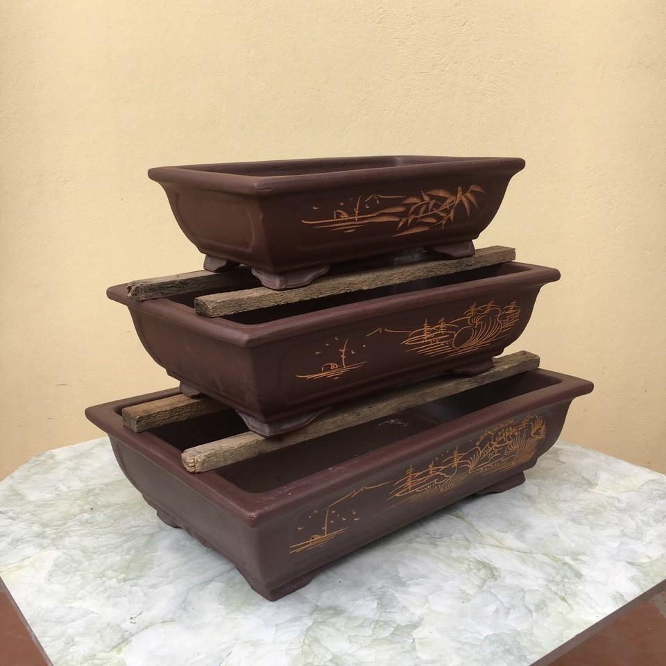 Chậu bonsai Chữ nhật đất nung gốm Bát tràng 3 size CB-06