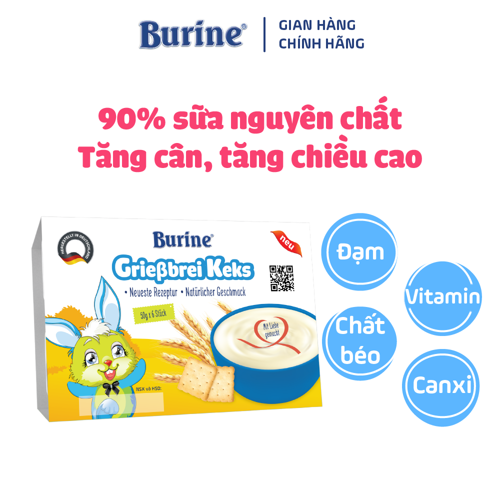 Cháo sữa ăn dặm Burine vị Bích Quy - Nhập khẩu Đức dành cho trẻ từ 6 tháng tuổi (vỉ 6 hũ x 50g)