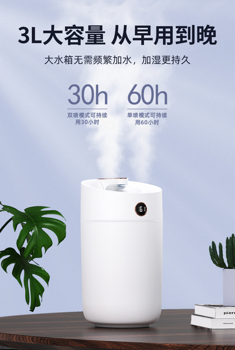 Máy phun sương tạo ẩm cỡ lớn Rhino H801 3000ml, 2 lõi phun, tích hợp đèn 7 màu, dung tích lớn cho không gian rộng - Hàng chính hãng