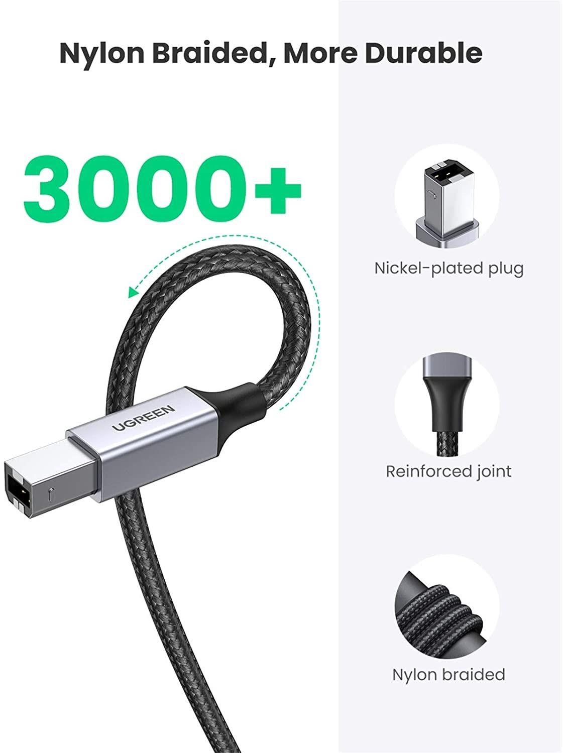 Ugreen UG80804US369TK 3M đầu nhôm dây bọc lưới chống nhiễu cáp máy in màu Đen 2.0 USB A sang B - HÀNG CHÍNH HÃNG