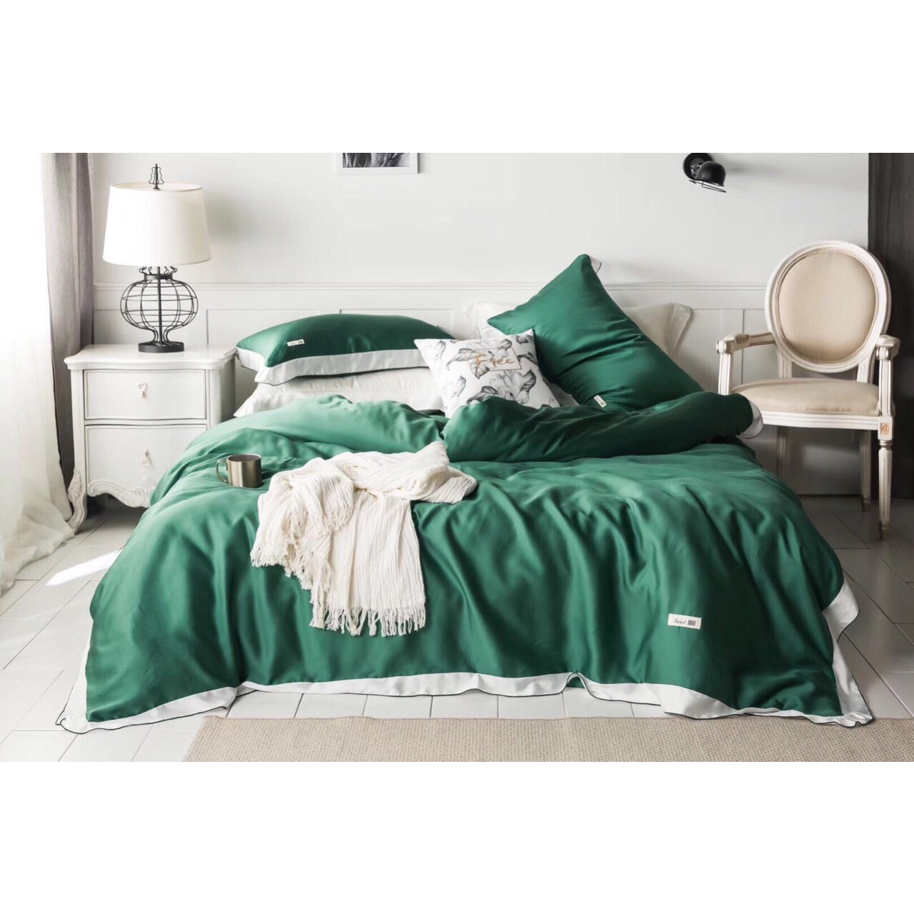 Bộ Chăn Ga Gối Tencel Lụa Cao Cấp - Xanh Đậm