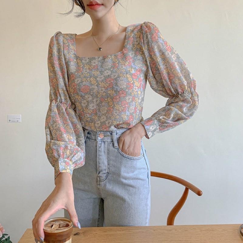 Áo sơ mi hoa nhí cổ vuông tay bồng tiểu thư