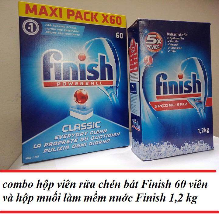 Combo hộp viên rửa chén ly finish 60 viên và hộp muối làm mềm nước 1,2kg hàng nhập đức